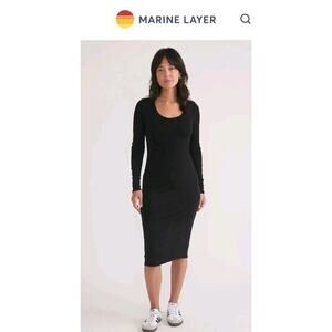 Marine Layer Women's Black Lexi Long Sleeve Midi Ribbed Dress Size Large